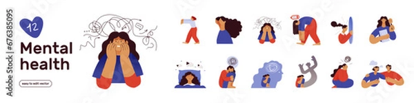 Fototapeta Mental health and psychology set. Different mental health problems, psychological disorders, treatment techniques. Modern vector illustrations