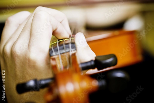 Fototapeta Hands holding strings on a violin