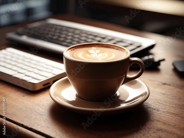 Fototapeta a cup of coffee on the table for work in the morning