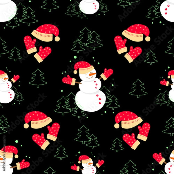 Fototapeta Seamless winter pattern with snowmen and fir trees on a black background. Design element for clothes, cards, textiles, fabrics, wallpapers, wrapping paper
