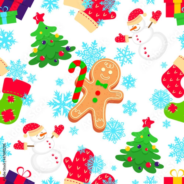 Fototapeta Seamless holiday pattern with traditional Christmas and New Year symbols. Design element for clothes, cards, textiles, fabrics, wallpapers, wrapping paper
