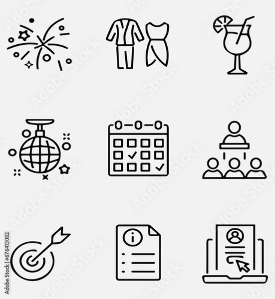Fototapeta Set of event planning outline icons, organization. Linear icon collection. Vector illustration