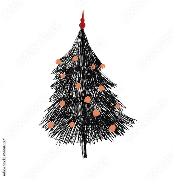 Fototapeta Hand-drawn vector black pen Christmas tree with orange red toys. Christmas tree made of graphic lines with decorations. Isolated element on a white background. Design element of postcards, prints