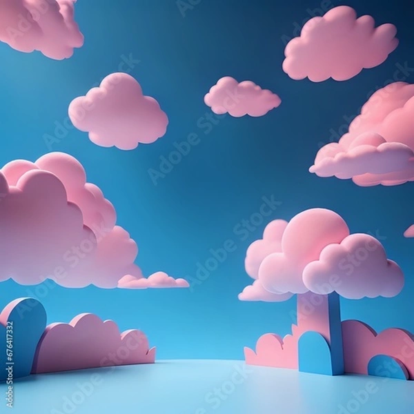 Fototapeta podium 3d render mock up isolate montage photo with blue sky and pink clouds product display stand made with Generative AI