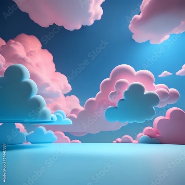 Fototapeta podium 3d render mock up isolate montage photo with blue sky and pink clouds product display stand made with Generative AI