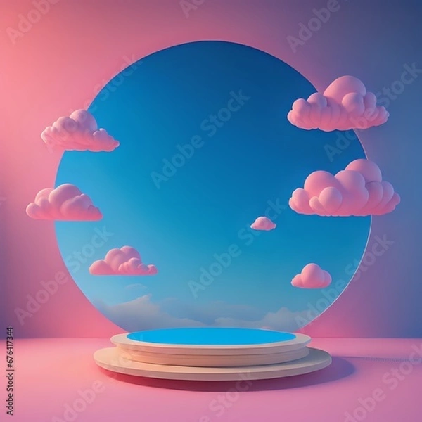 Fototapeta podium 3d render mock up isolate montage photo with blue sky and pink clouds product display stand made with Generative AI
