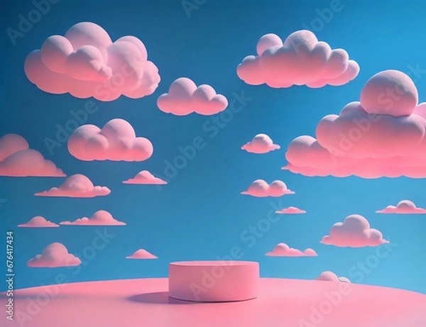 Obraz podium 3d render mock up isolate montage photo with blue sky and pink clouds product display stand made with Generative AI