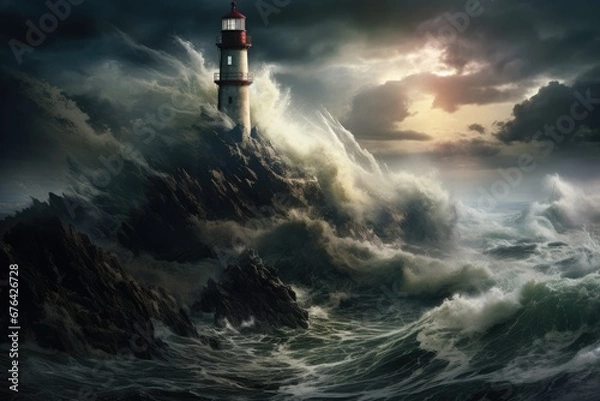 Obraz Lighthouse on a cliff during a storm