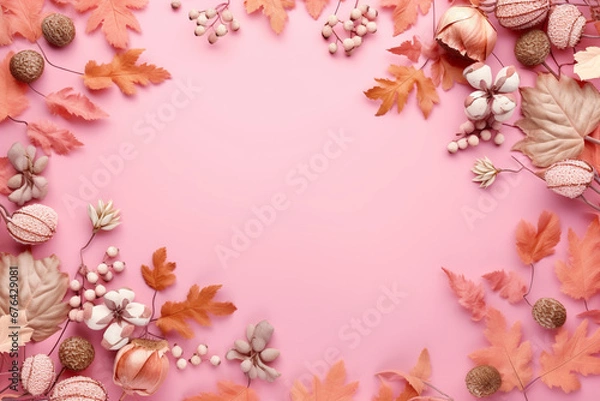 Fototapeta Autumn foliage border, pink background with copy space