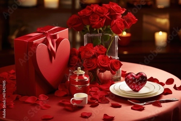 Fototapeta Romantic dinner setting with red roses and gift box on table.Valentine's Day Concept