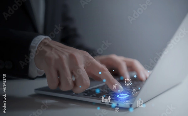 Fototapeta turn on or off laptop or program by a person pressing the turn off or on button in holographic to access data and manage by business style 