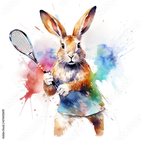 Fototapeta Watercolor clipart of bunny with tennis racket isolated on white background, 