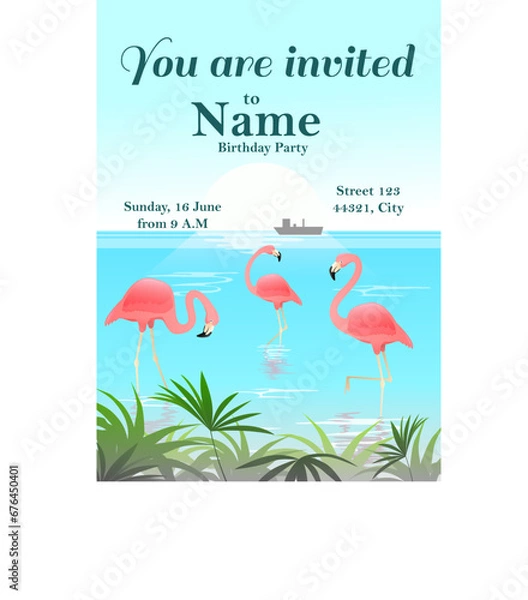 Fototapeta Vector flamingo birthday invitation
