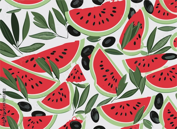 Obraz Pattern of water melon, olive leaves and fruits.