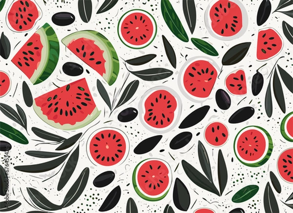 Obraz Pattern of water melon, olive leaves and fruits.