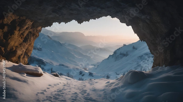 Fototapeta View from a cave in the winter. generative AI