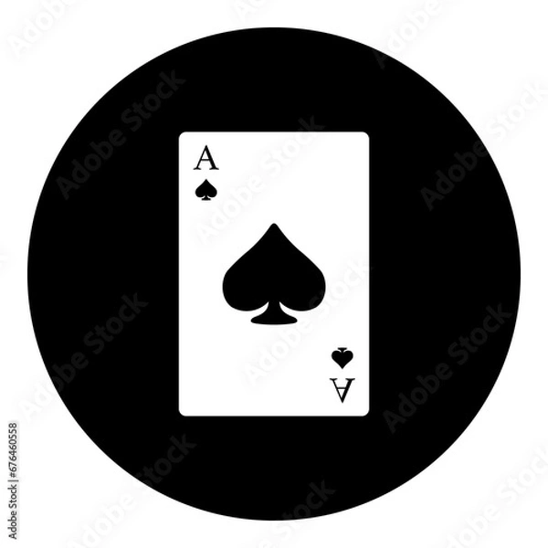 Fototapeta A ace of spades card in the center. Isolated white symbol in black circle. Illustration on transparent background