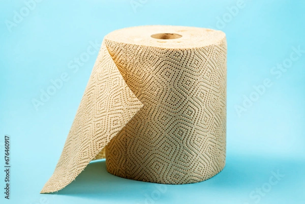 Fototapeta Roll of paper towels or brown tissue isolated on blue background. Recycled paper towels