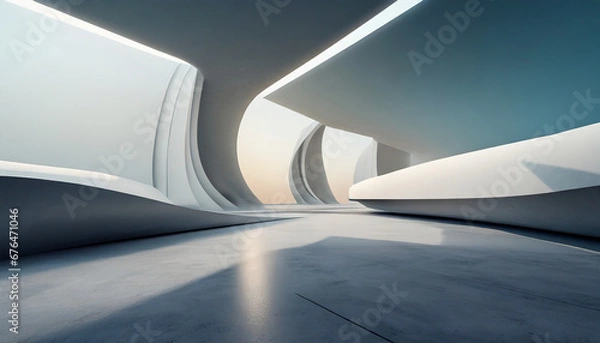 Fototapeta 3d render of abstract futuristic architecture with empty concrete floor. Scene for car presentation.