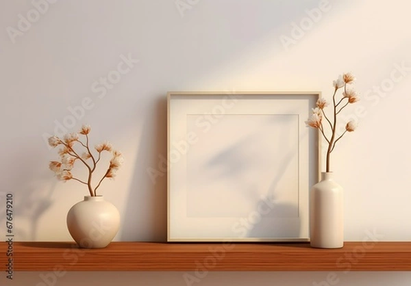 Fototapeta white blank poster frame on shelf with vase of flowers and flowers, in the style of light brown and beige, light indigo and light beige, vibrant hues master, 8k resolution, nature morte, superflat, br