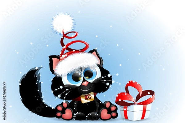 Fototapeta Funny cute black cat in Santa Claus hat sitting near the Christmas gift box under snowfall. 