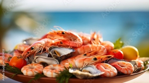 Obraz A soft focus image of a plate of fresh seafood  AI generated illustration