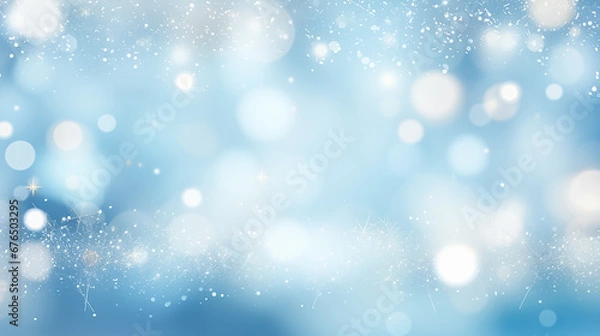 Obraz Christmas and New Year winter festive background. White glowing circles of different sizes on blue blurred bokeh background with copy space for text. The concept of Christmas and New Year holidays.