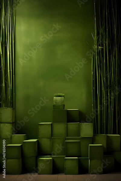 Fototapeta green bamboo background with green grass cubes,all in green,minimal composition,japanese concept