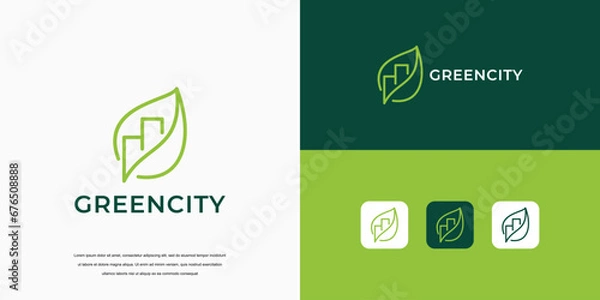 Fototapeta simple leaf logo, green city building logo design concept.