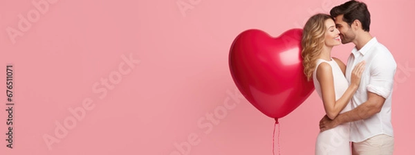 Obraz cute couple kissing with red heart shaped balloon, generative ai