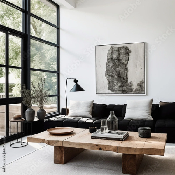 Fototapeta A nordic living room with large black industrial windows, black sofa and wooden table, white walls with art on wall, minimalistic interior, scandinavian design