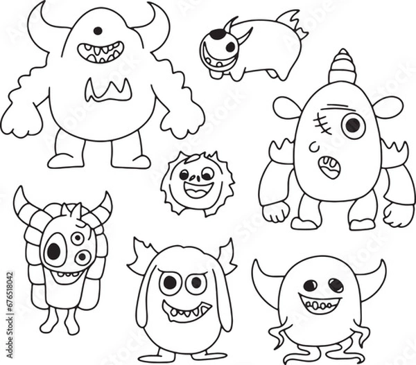 Fototapeta Set of Monsters. Doodle cartoon drawing on white background