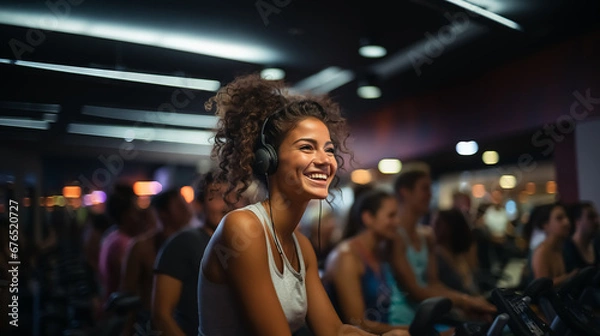 Fototapeta Group fitness class , featuring participants engaged in an energetic workout, such as spinning, aerobics, set against a vibrant, gym studio.