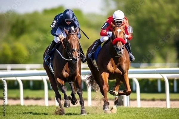 Obraz Horse riders compete on horse races for winner place of fastest rider at racetrack with spectators and fans betting. Equestrians pushing horses trying best to win race. Horse racing between opponents