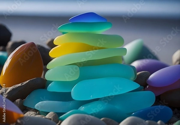 Obraz A vibrant collection of assorted colored sea glass scattered along the beach, near the water's edge, creating a beautiful mosaic
