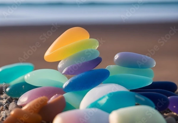 Obraz Colorful sea glass jewels, washed ashore and delicately scattered on the beach near the water, forming a mesmerizing coastal palette