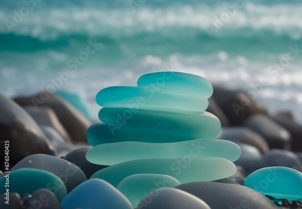 Obraz Beachcombing delight: an array of differently colored sea glass gems adorning the shoreline, near the water, under the sunlight
