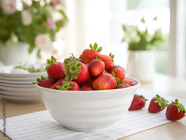 Fototapeta Fresh strawberries in a white bowl on kitchen table, blurry bright window background 