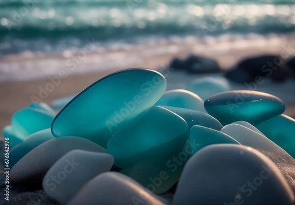 Obraz Colorful sea glass finds glistening on the beach near the water, a beautiful testament to the ocean's artistic touch