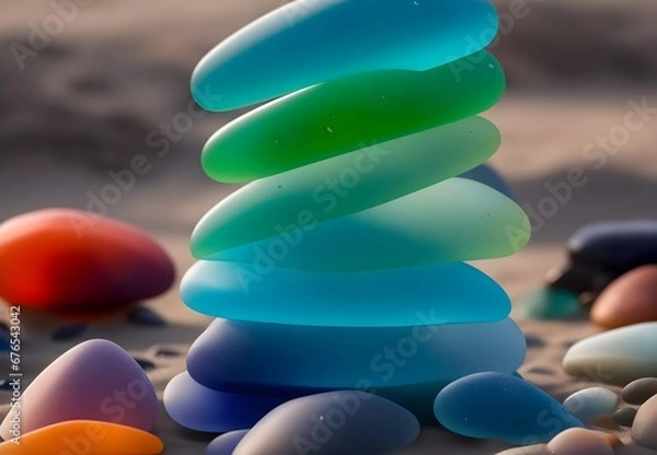 Obraz Beach treasures: Different colored sea glass pieces artfully placed on the sandy shore, near the water, enhancing the coastal charm