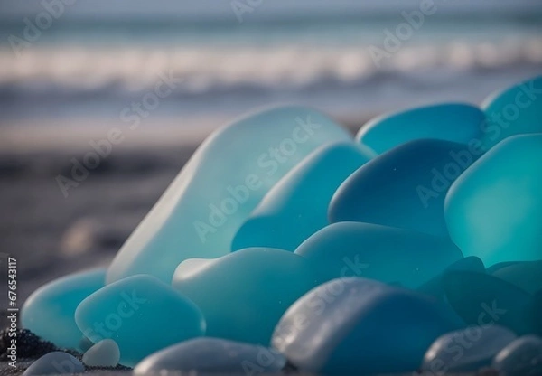 Obraz A mesmerizing collection of various colored sea glass fragments, delicately arranged on the beach near the water, like nature's jewels