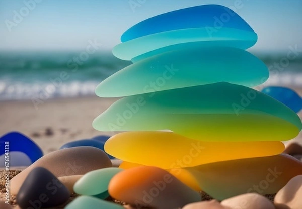 Obraz Multicolored sea glass gems scattered along the shoreline, near the water, offering a vibrant and captivating beach display
