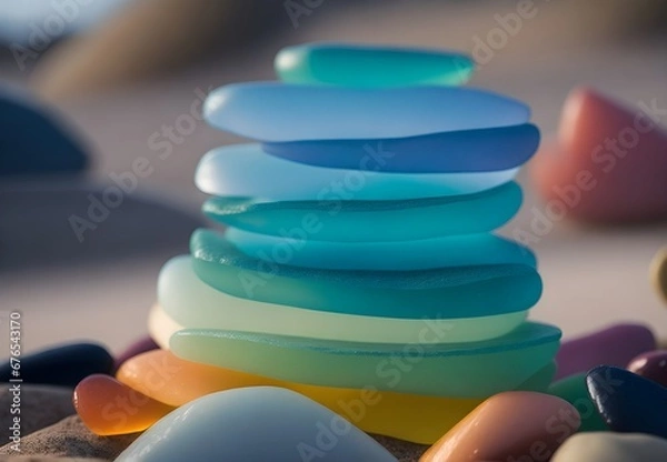 Obraz Close-up of a diverse array of colored sea glass sparkling on the beach, near the water's edge, creating a picturesque coastal scene
