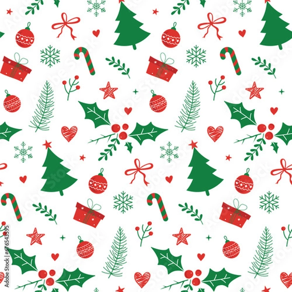 Obraz Christmas tree with Christmas ornament with red and green color, Winter seamless pattern