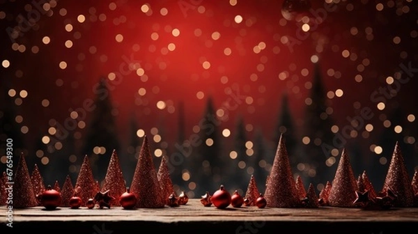 Fototapeta Christmas tree decorated glow and shining landscape with bright balls bubbles and blur red background AI generated