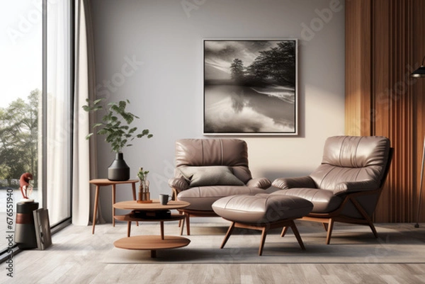 Fototapeta Scandinavian apartment interior with a dark blue sofa and recliner chair, showcasing modern living room design. Generative Ai.