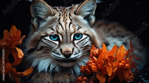 Fototapeta  a close up of a cat with blue eyes and flowers in front of a black background with drops of water.  generative ai