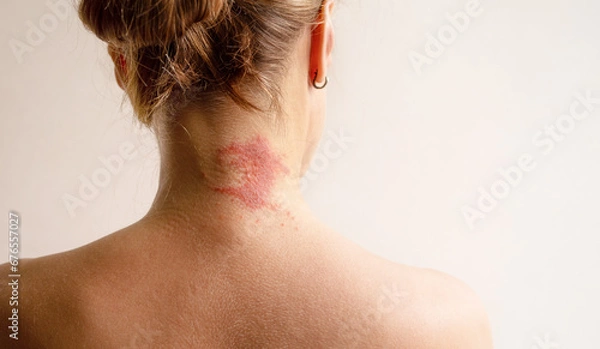 Obraz Manifestation of atopic dermatitis as a red itchy spot on a woman’s neck, close-up, rear view, copy space. Dermatology, allergy, itching, red spot or rash on skin