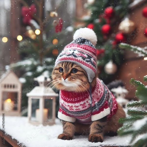 Fototapeta Winter Enchantment: Cat in Nordic Sweater and Winter Cap