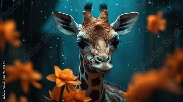 Fototapeta  a close up of a giraffe's face with flowers in the foreground and water droplets on the background.  generative ai